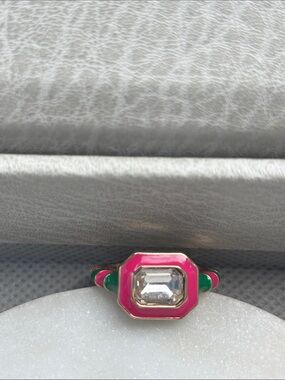 Pink and Green Enamel Cocktail Ring with Clear Center Stone